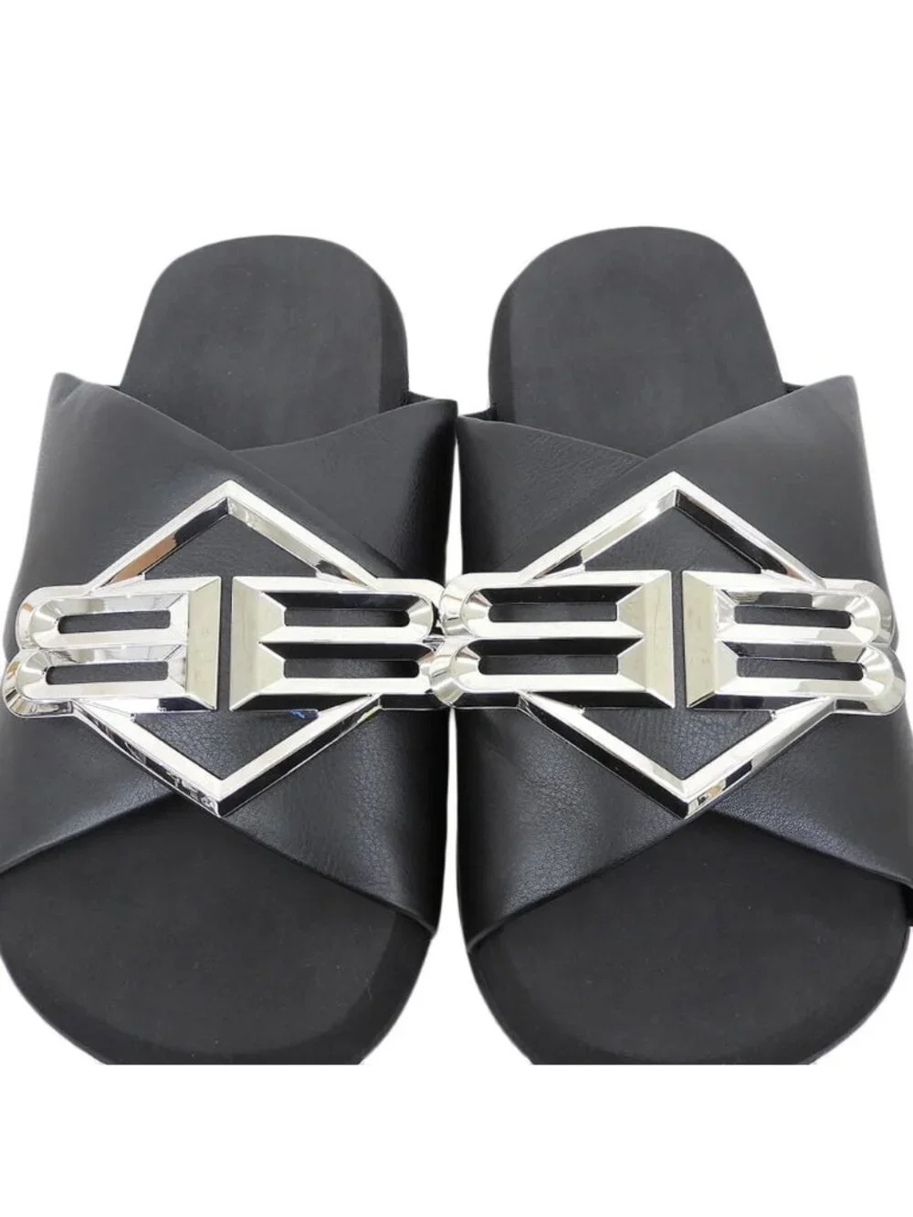 Balenciaga Sunset Flat Mule BB Logo Metal Plate Leather Sandals Shoes Black